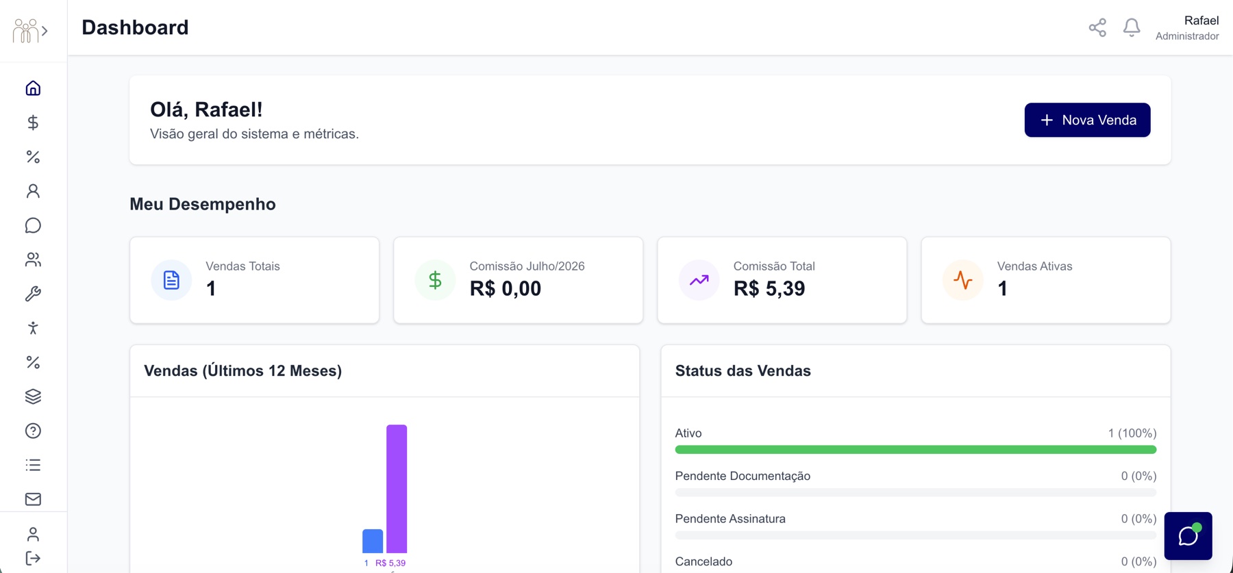 Painel do app Plano de Vida com dashboard de vendas e comissões do corretor