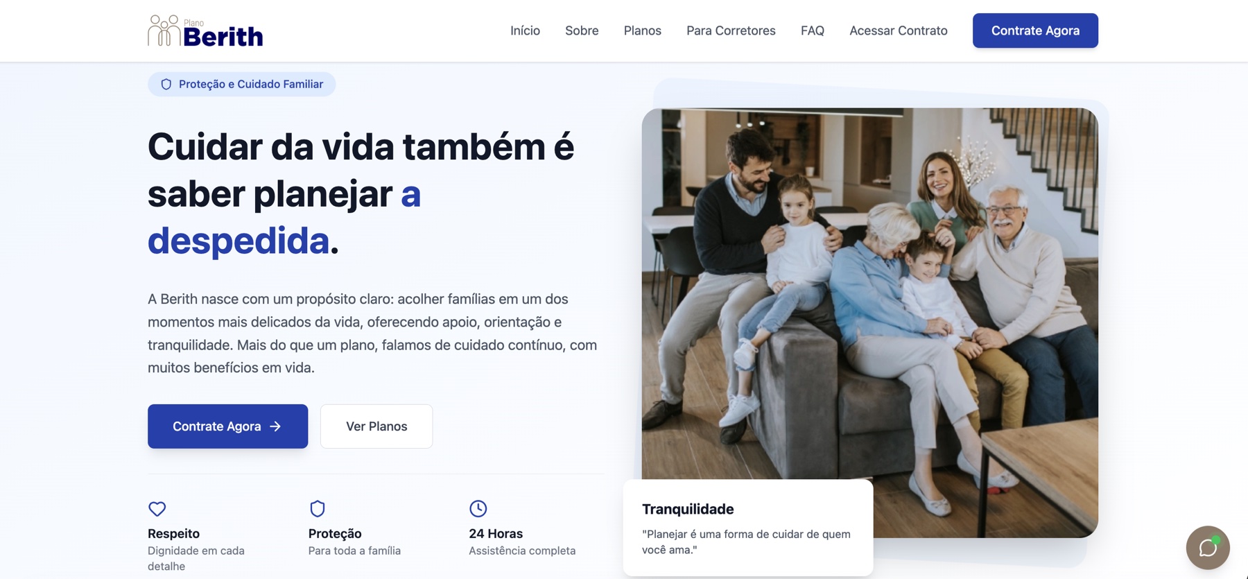 Landing page institucional do Plano de Vida, com mensagem sobre cuidado e proteção familiar