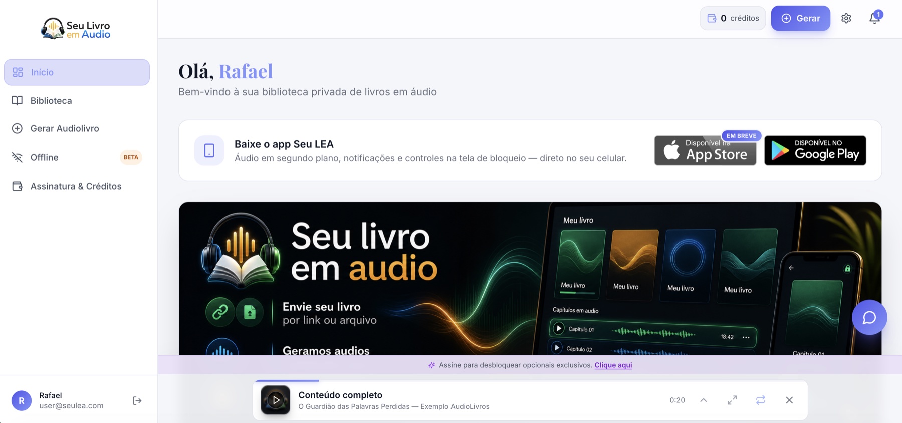 Painel web do Seu LEA mostrando a biblioteca de audiolivros, banner de download do app e player de áudio